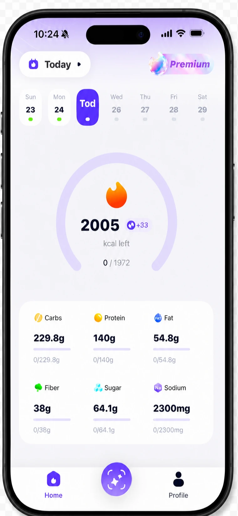 WellyPal home screen showing calories remaining, carbohydrates, protein, fat, fiber, sugar and sodium