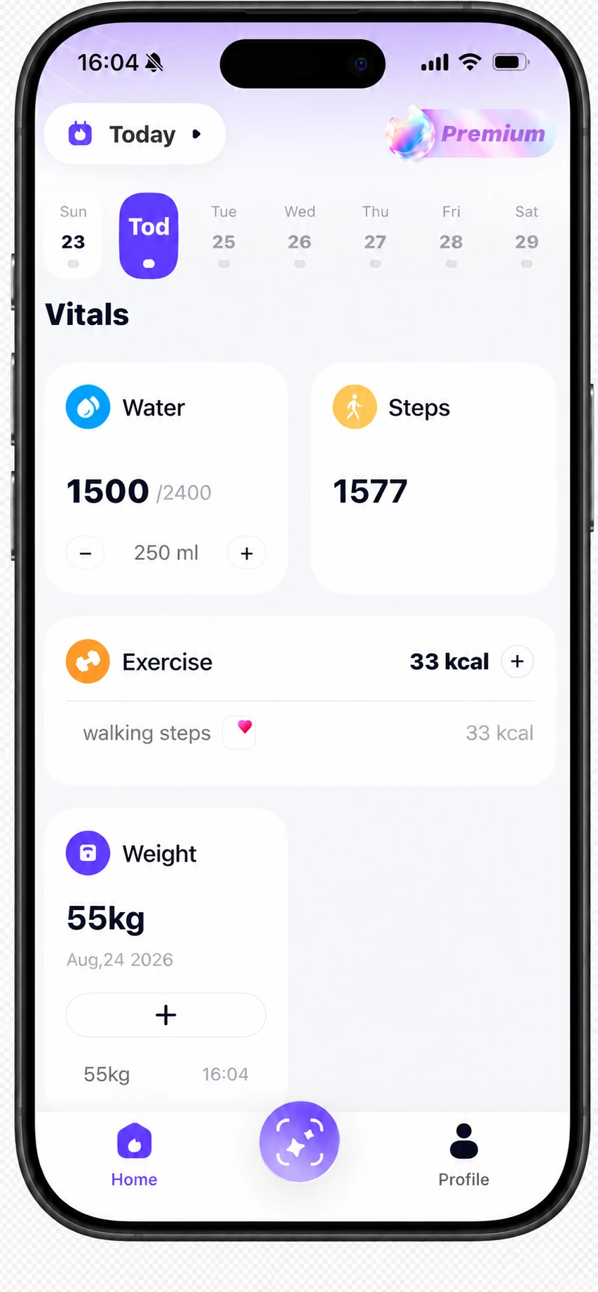 WellyPal daily vitals screen showing water, steps, exercise and weight
