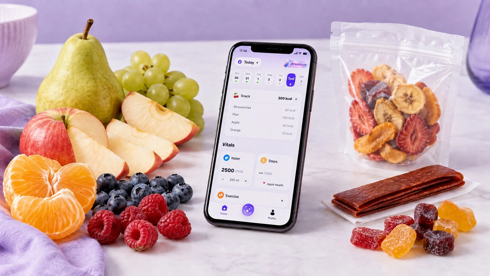Whole fruit and packaged fruit snacks beside a purple nutrition tracking screen
