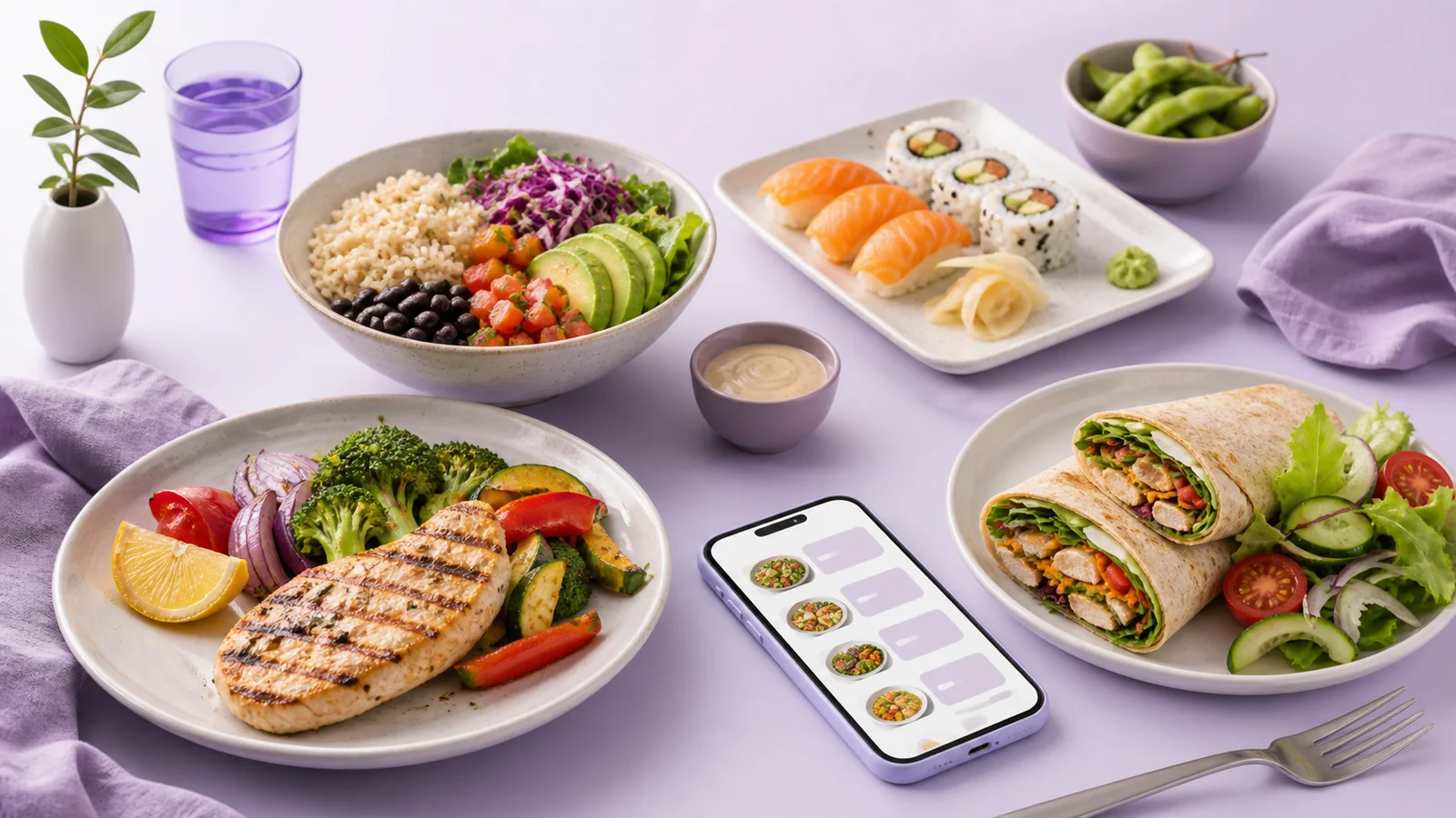 Balanced restaurant and takeout choices across bowls, sushi, grilled meals, and wraps