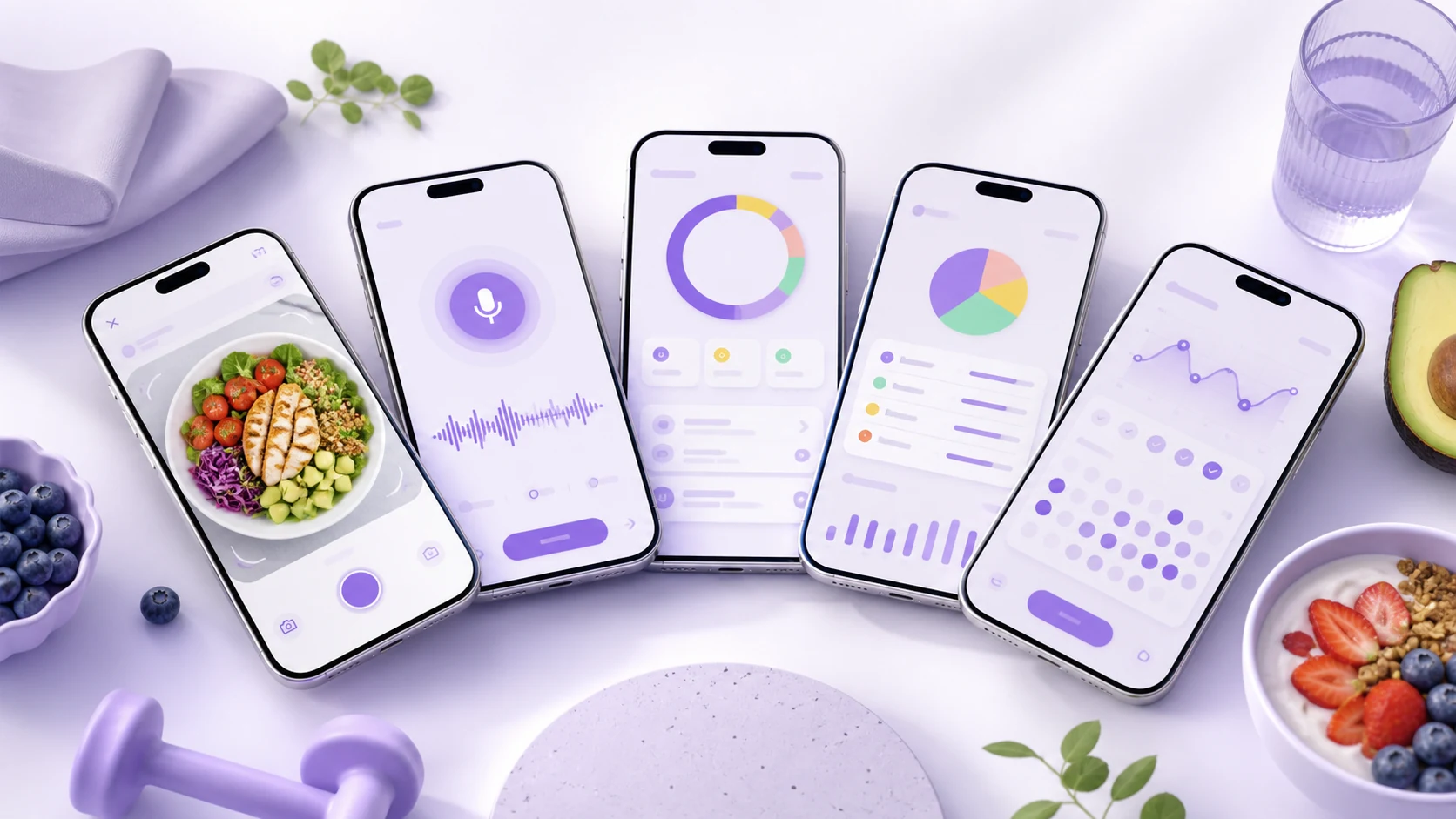 Several unbranded food-tracking apps showing photo logging, nutrition details, coaching, and progress trends