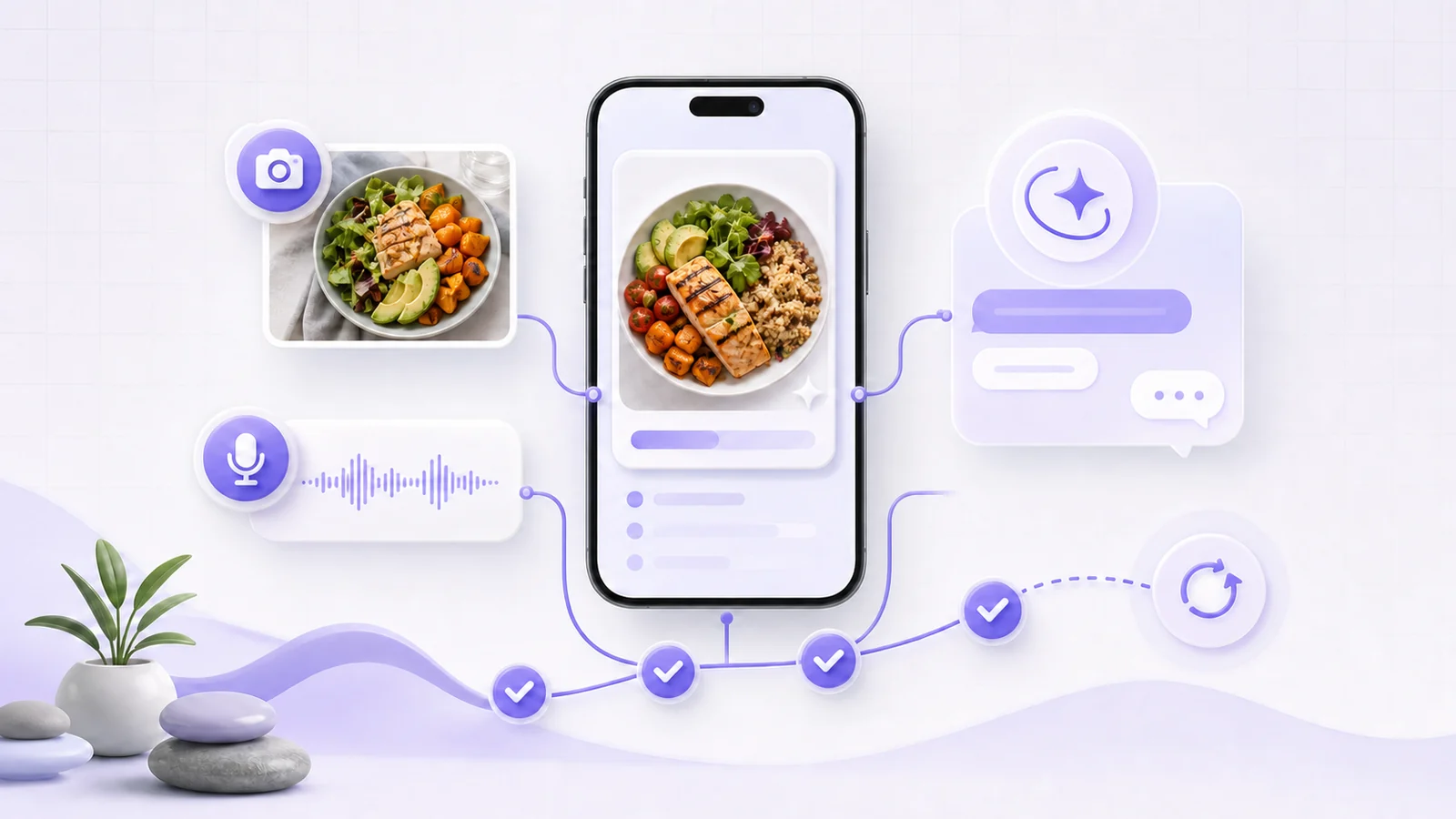 Photo, voice, and AI Coach inputs supporting a lighter food-tracking routine