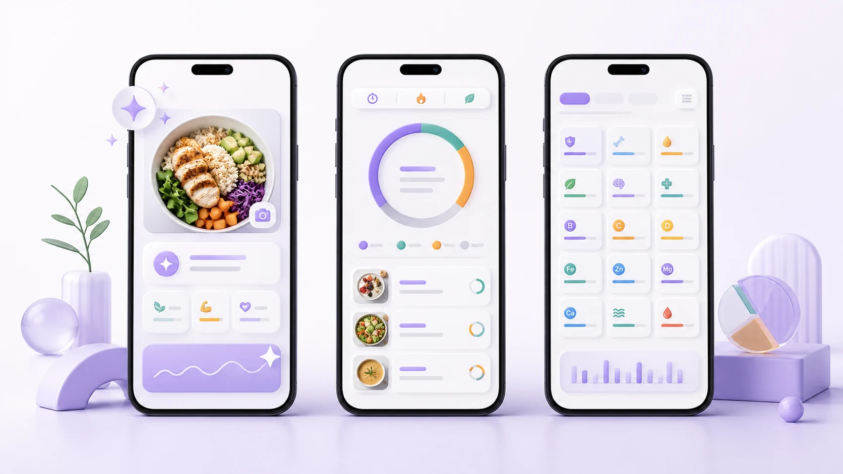 Three unbranded phones comparing AI meal logging, a classic calorie diary, and a detailed micronutrient dashboard