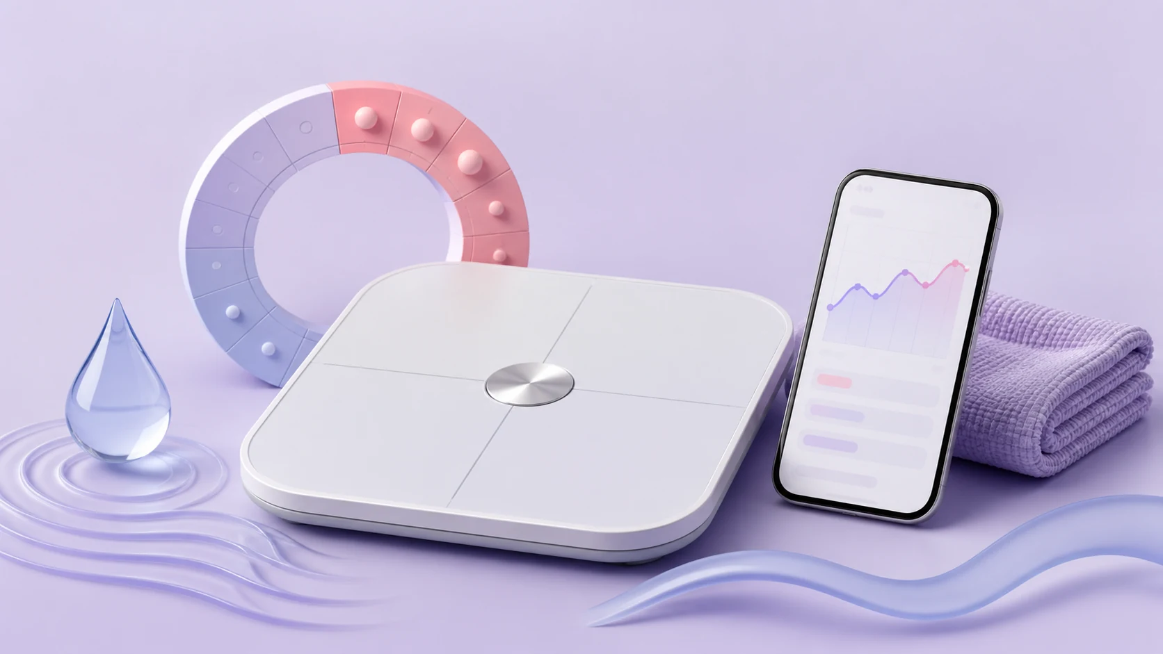 A bathroom scale beside a cycle calendar, water ripple, and a phone showing a gentle weight trend