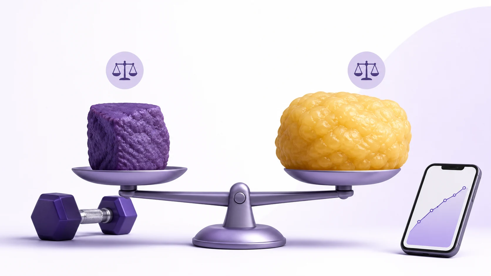 A balanced scale comparing a compact purple muscle form with a larger golden fat form beside a dumbbell and progress dashboard