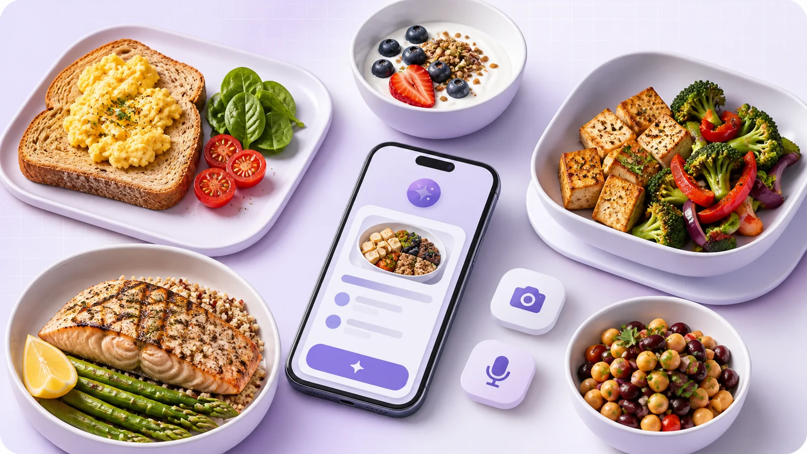 Easy high-protein meal ideas with eggs, yogurt, tofu, fish, beans, vegetables, and AI-assisted photo and voice logging