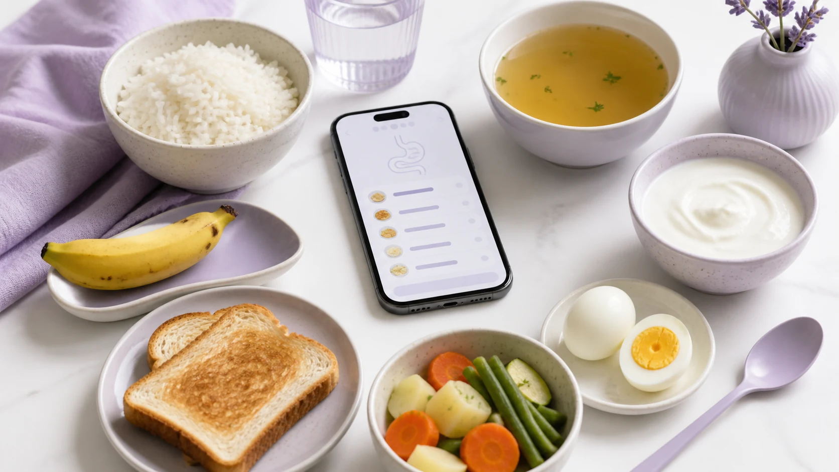 Rice, banana, toast, broth, yogurt, egg, and cooked vegetables arranged around a simple food-tracking phone