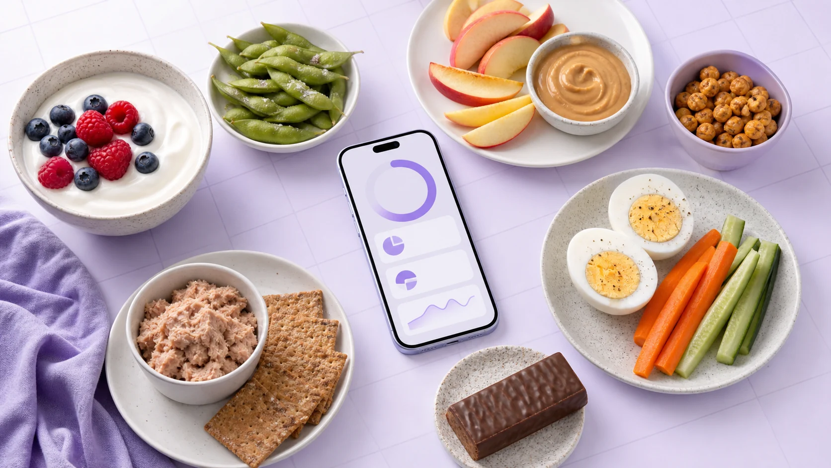 Greek yogurt, edamame, fruit and peanut butter, eggs, tuna crackers, chickpeas, and a protein bar around a WellyPal nutrition dashboard