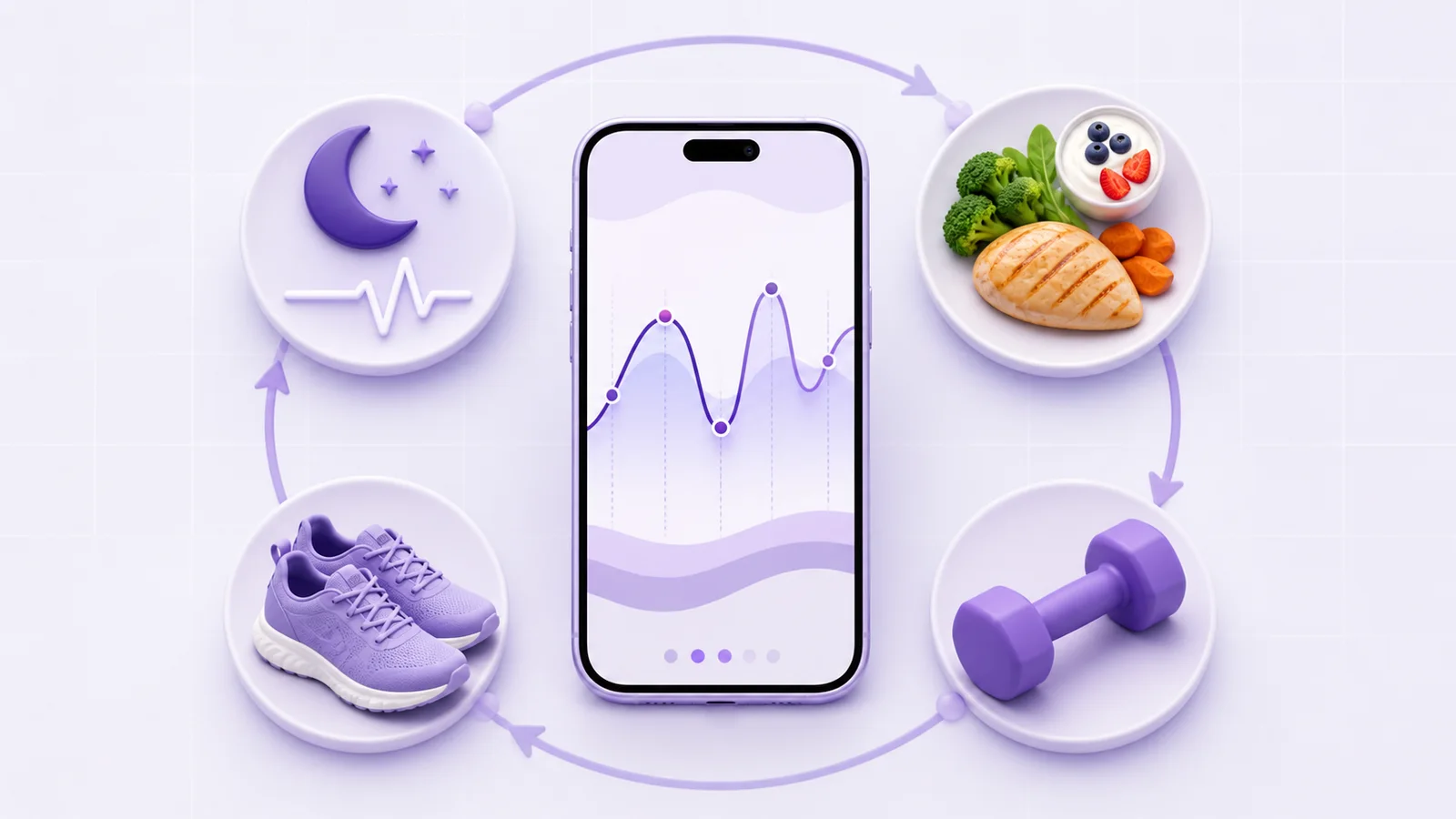 A daily energy trend surrounded by symbols for resting functions, food, everyday movement, and workouts
