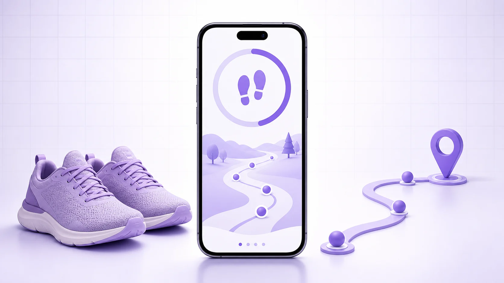 A WellyPal step dashboard with walking shoes and a simple route marker