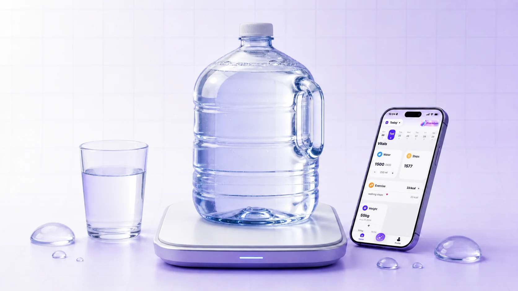 A gallon water jug on a scale beside a glass and a WellyPal hydration dashboard