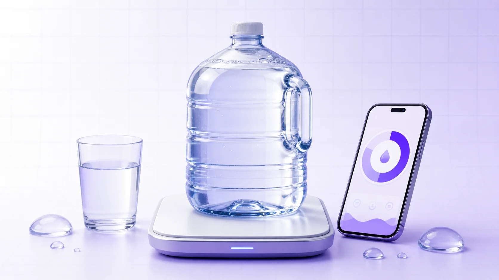 A gallon water jug on a scale beside a glass and a WellyPal hydration dashboard