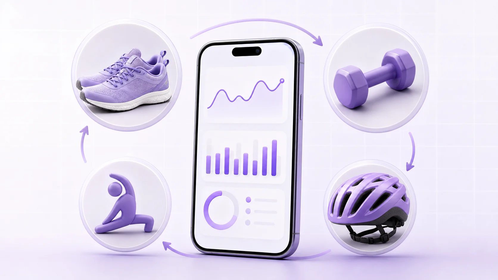 WellyPal activity dashboard surrounded by walking shoes, a dumbbell, a bicycle helmet, and a stretching figure