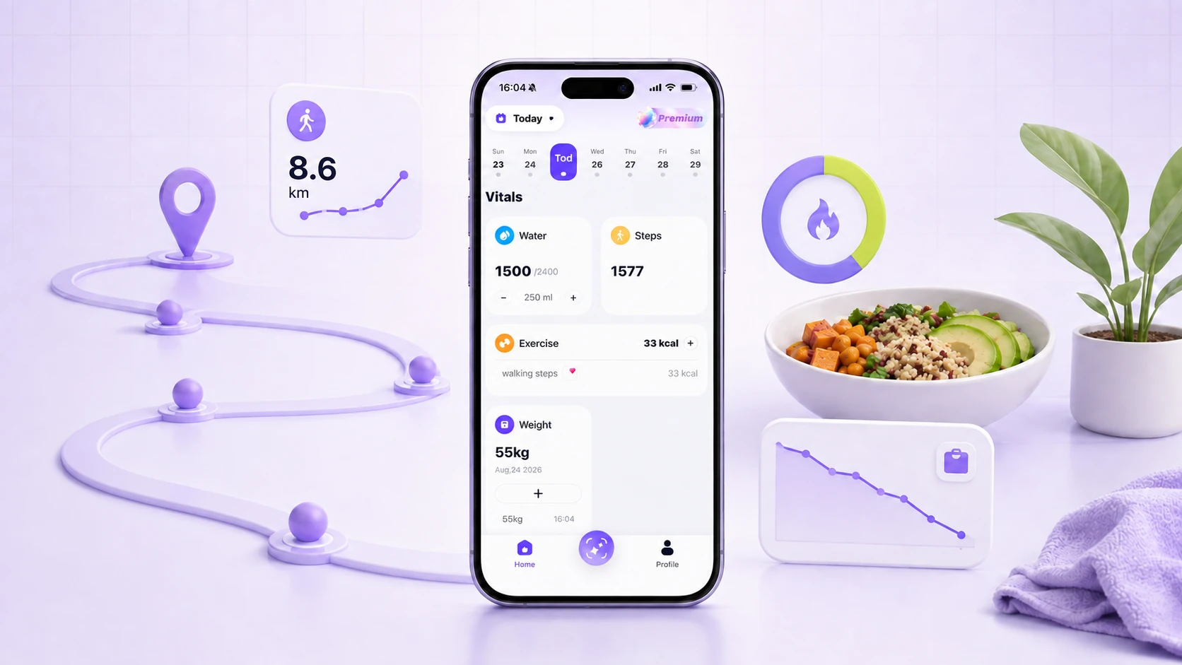 WellyPal daily vitals screen beside an extended walking route, a balanced meal and a weight trend chart