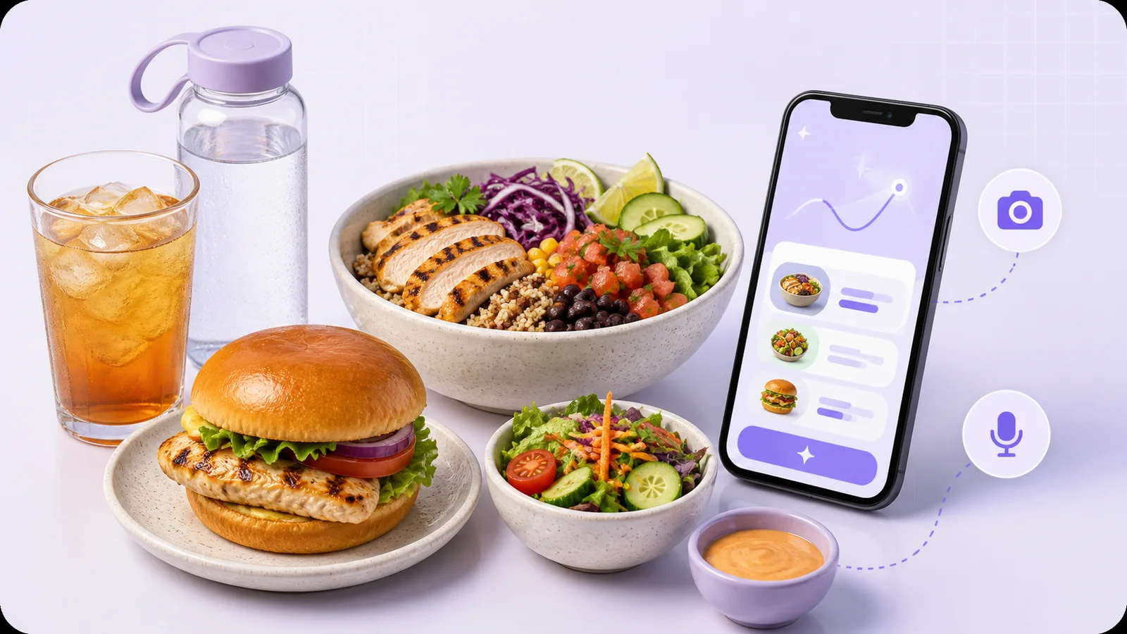 A grilled chicken sandwich, protein bowl, side salad, lighter drinks, sauce on the side, and an AI food comparison screen