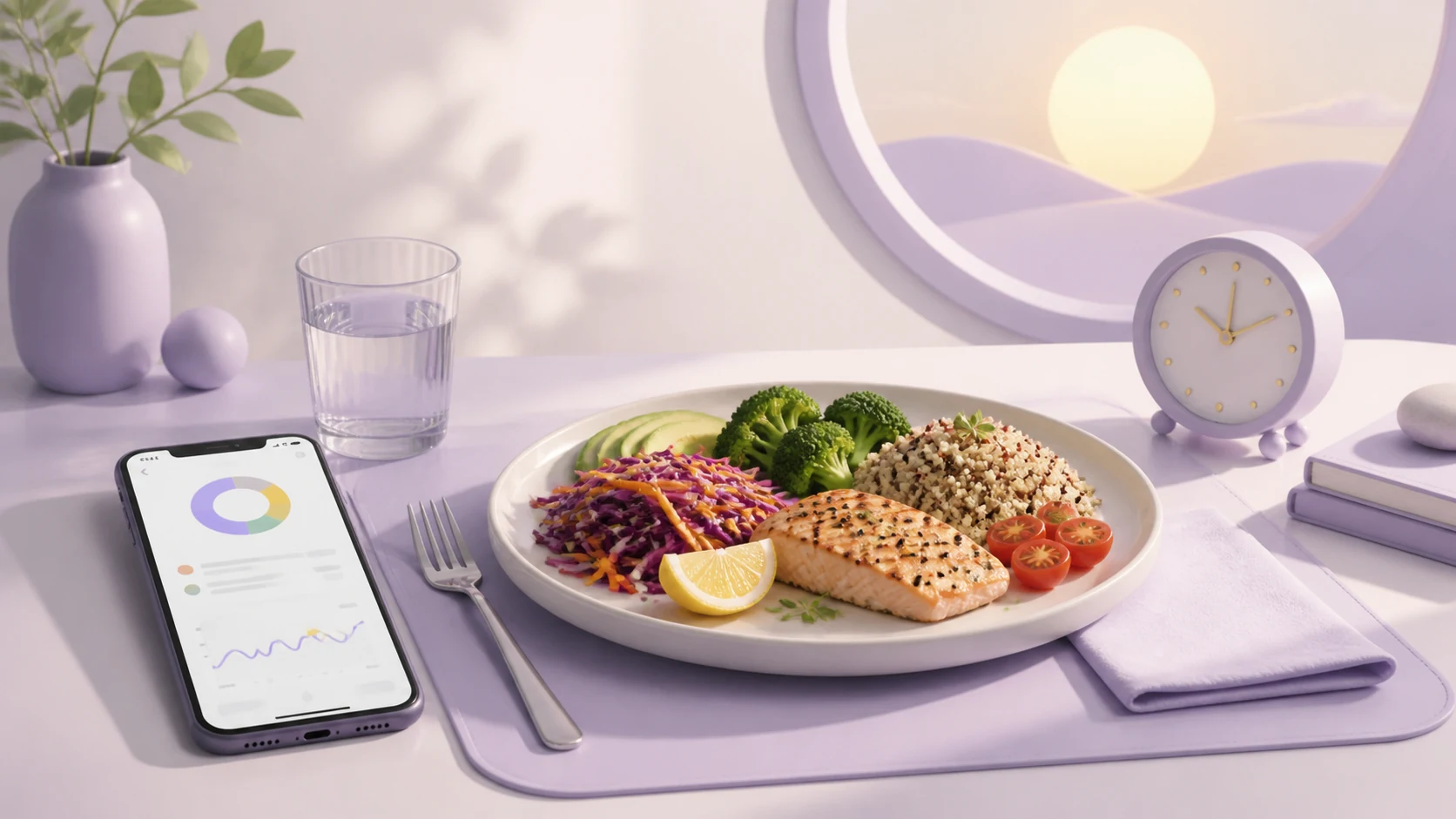 A balanced lunch, afternoon clock, water glass, and a phone showing a post-meal energy trend