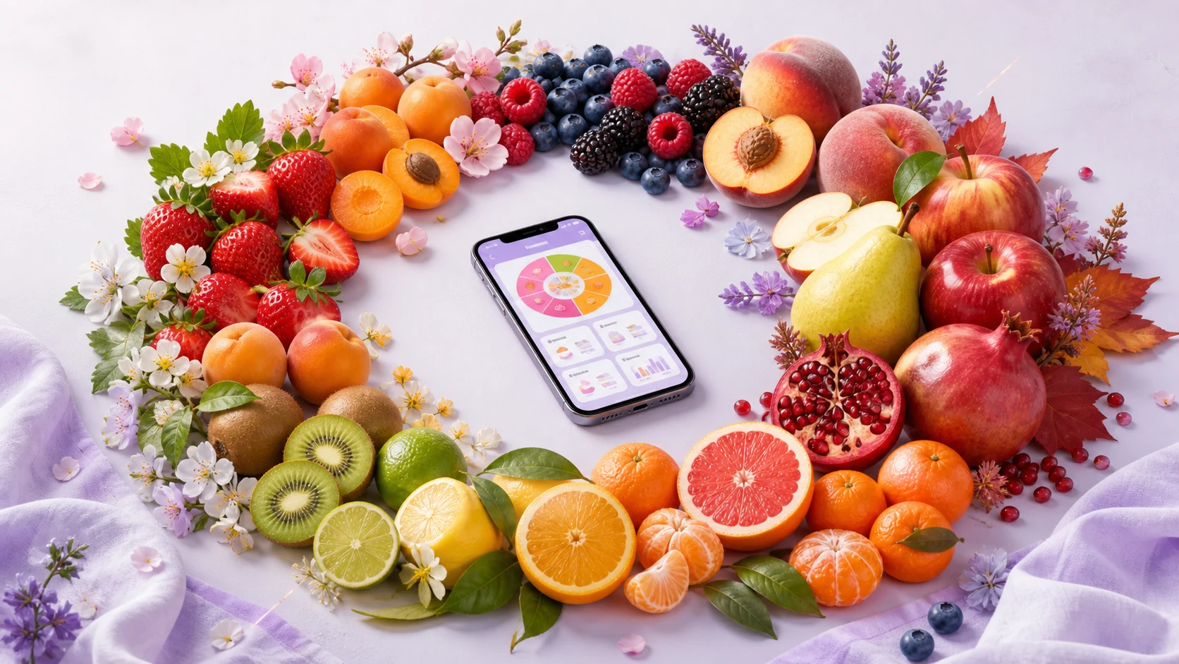 Spring, summer, fall, and winter fruits arranged in a seasonal circle around a nutrition-tracking phone