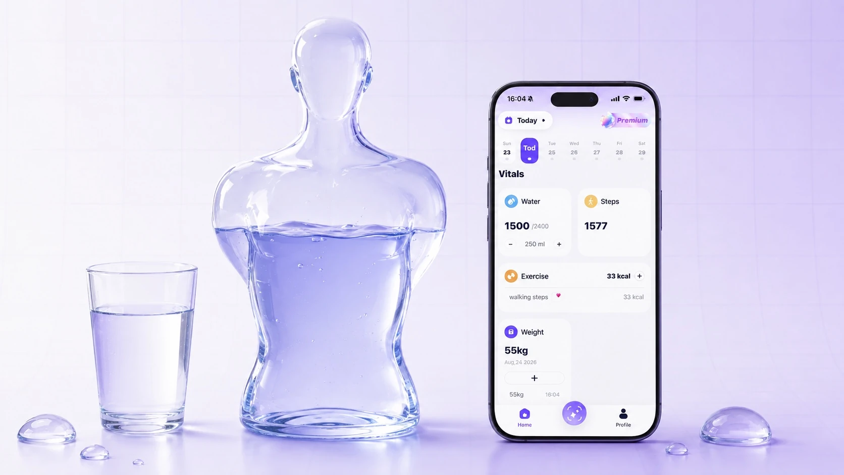 A translucent human figure partly filled with water beside a WellyPal hydration dashboard
