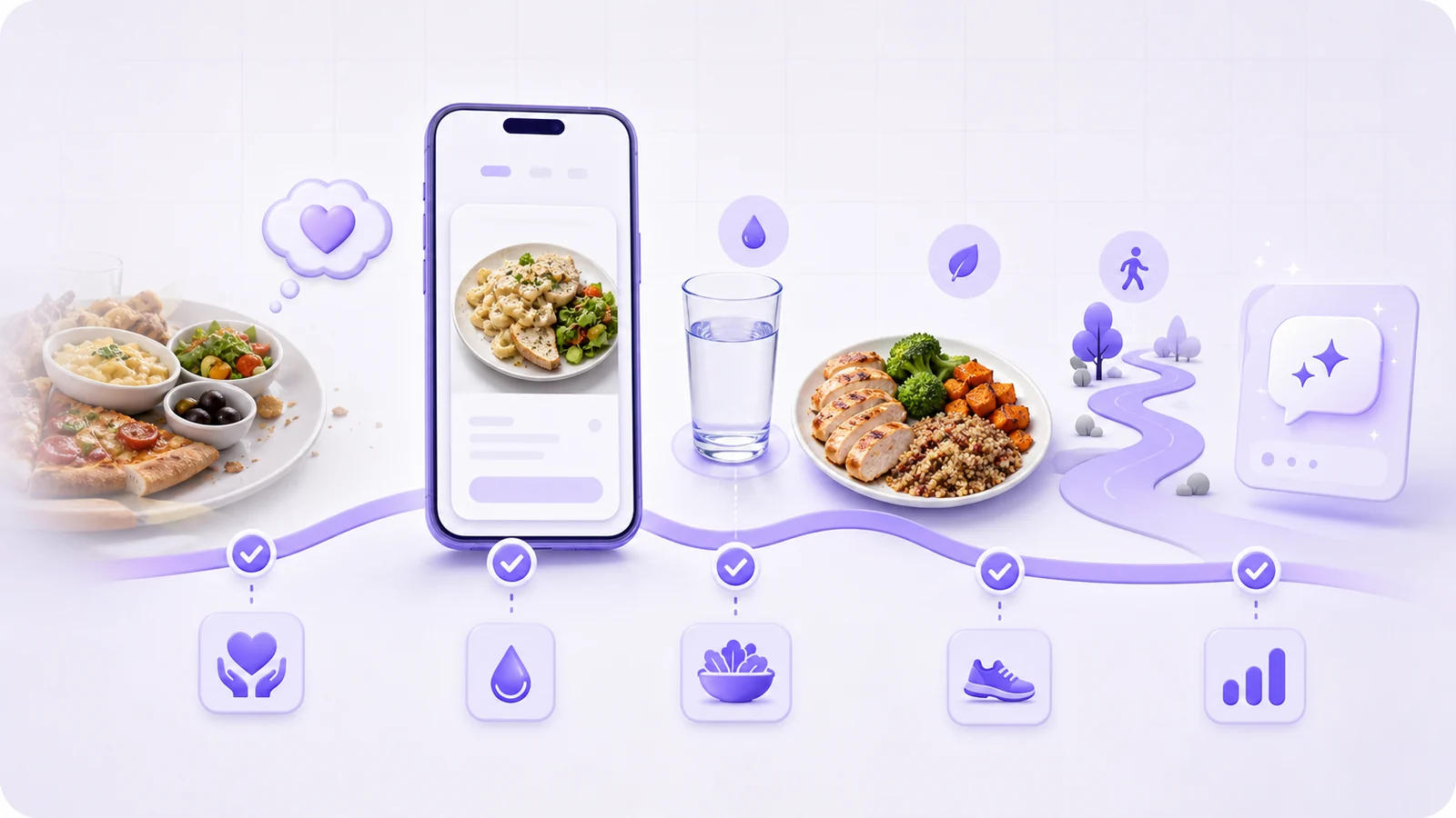A calm five-step reset from a heavier meal to hydration, balanced food, light movement, and AI guidance