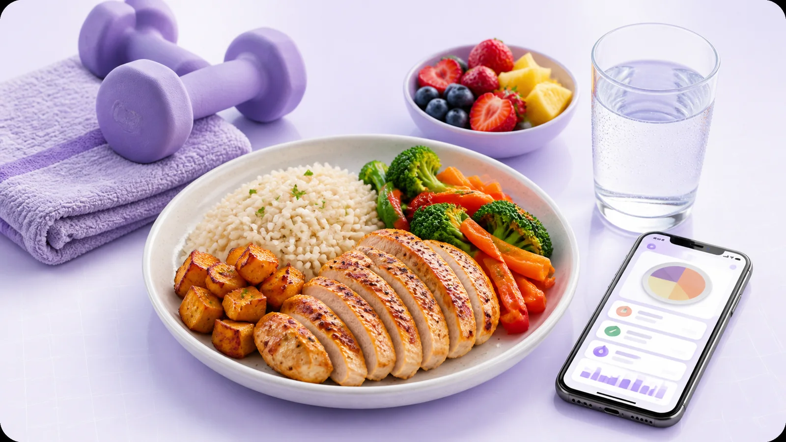 A balanced post-workout meal with protein, carbohydrates, vegetables, fruit, water, workout gear, and an AI food logging screen