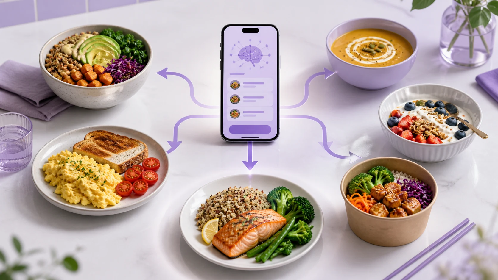 Several balanced meal choices surrounding a phone with an AI meal suggestion and gentle branching arrows